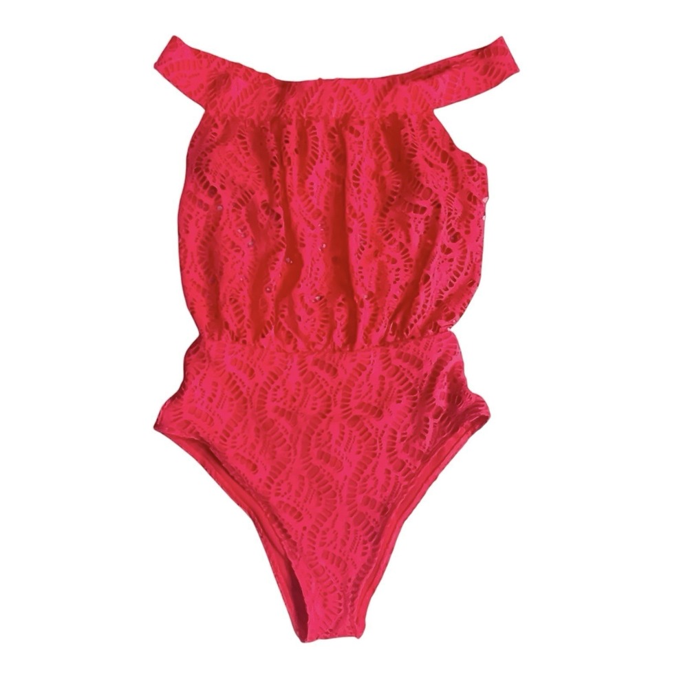 Aerie Neon Pink Lace Off Shoulder‎ One Piece Swimsuit M Medium